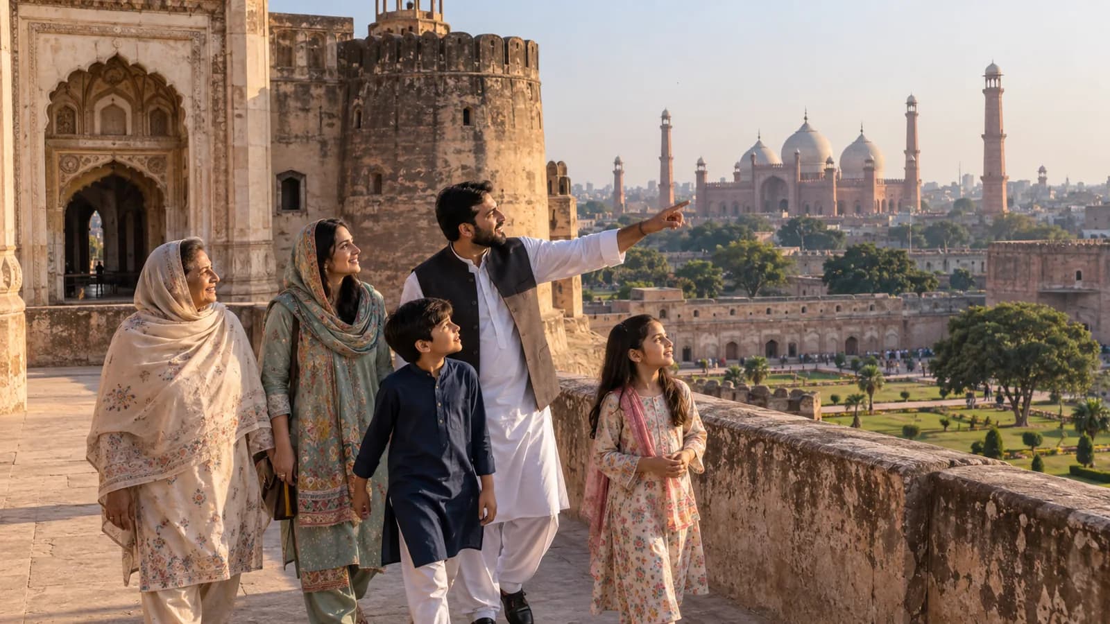 A Pakistani family exploring Lahore Fort with Badshahi Mosque visible in the heritage district