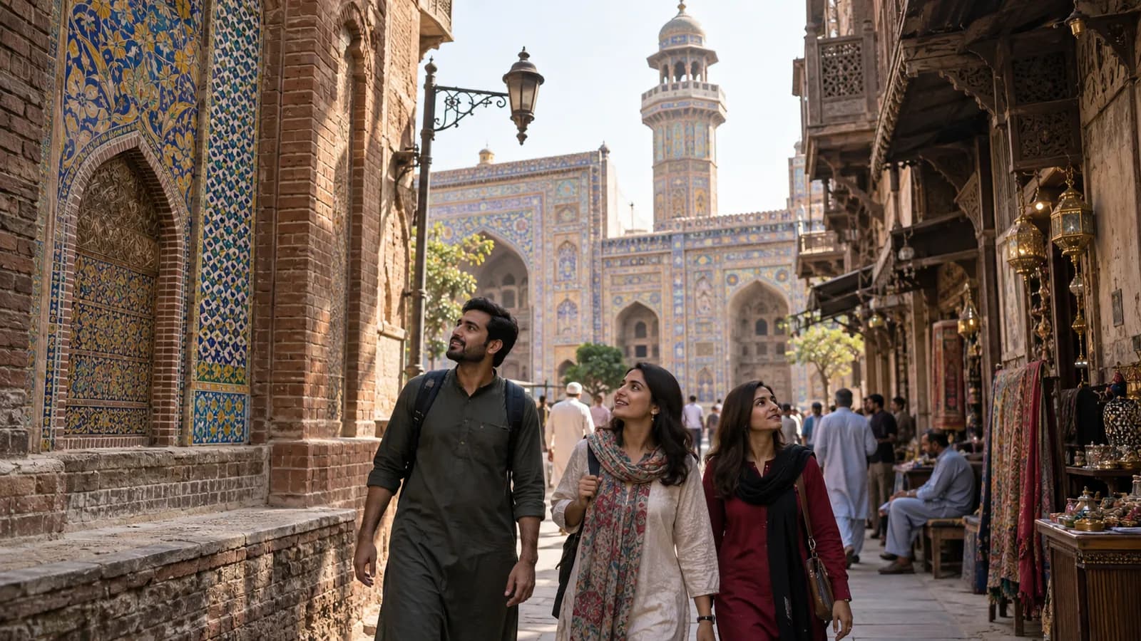 First-time visitors walking through Lahore’s Walled City near Wazir Khan Mosque