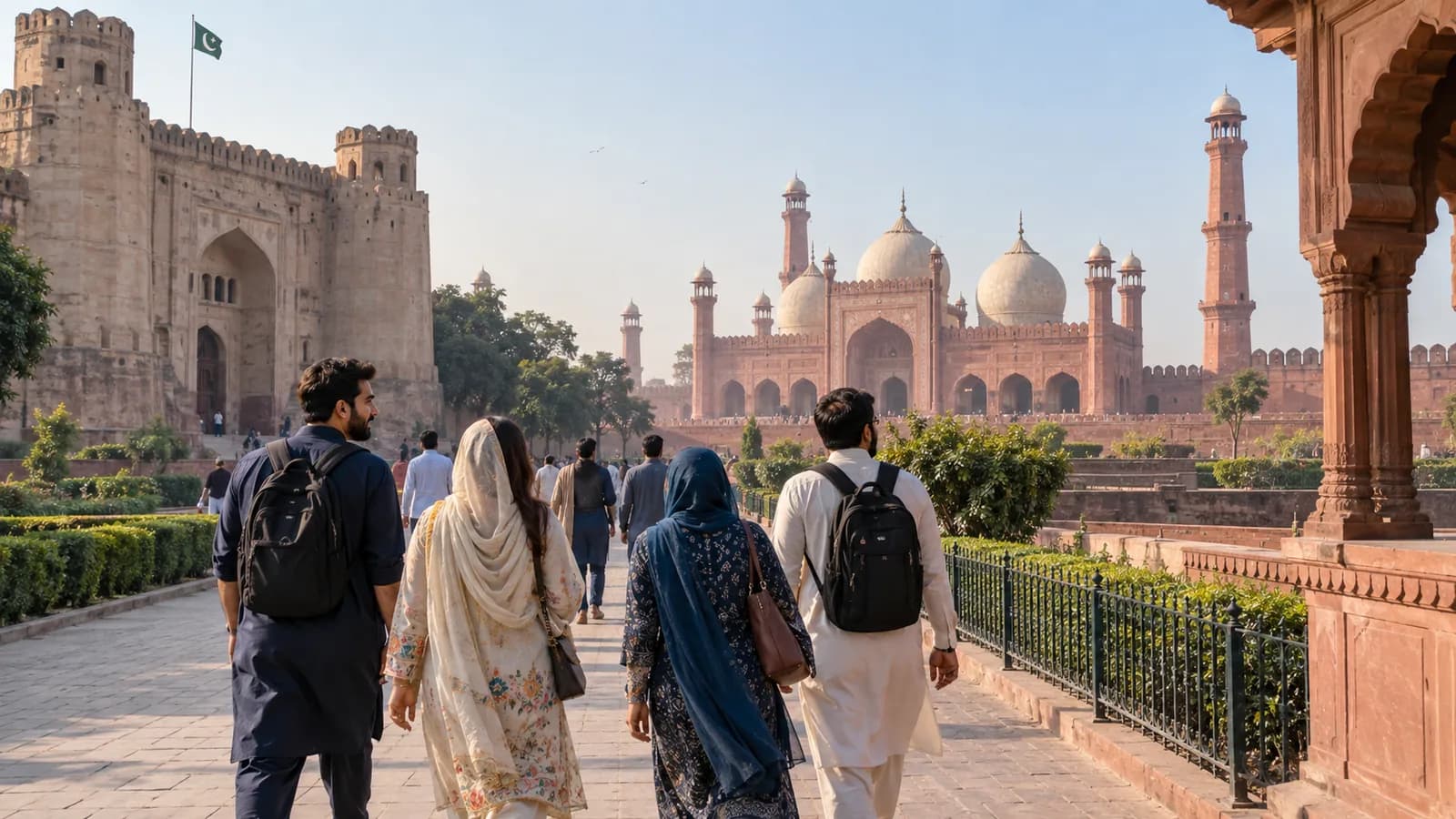 Visitors beginning a one-day Lahore sightseeing route near Badshahi Mosque and Lahore Fort